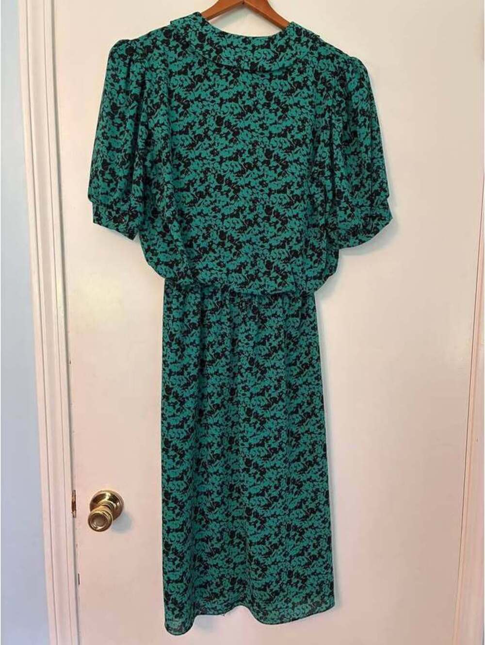 Vintage 80s/90s Just In Time Ltd Teal Black Floral Midi Dress Made in USA - Picture 2 of 3